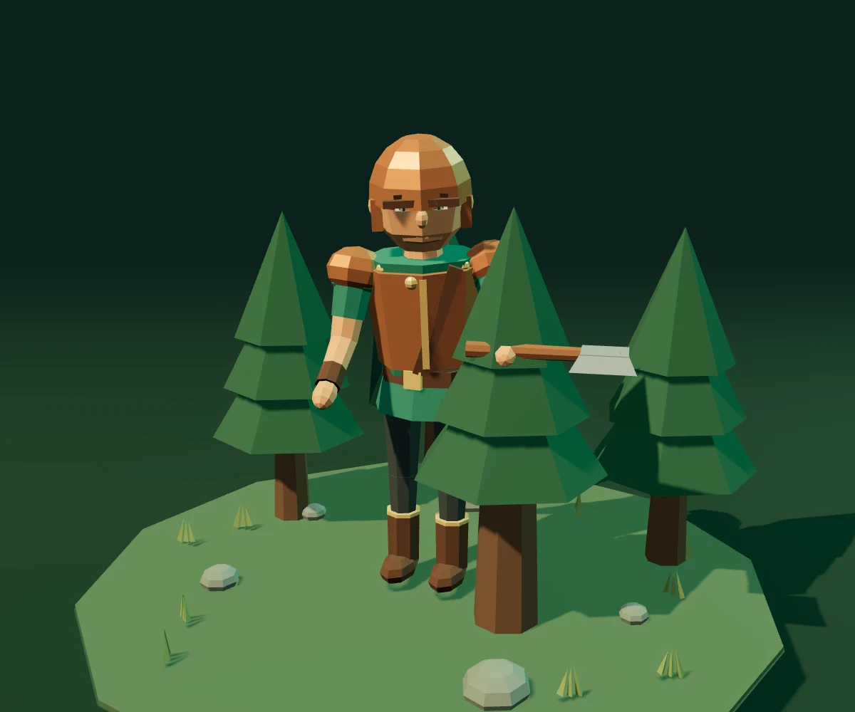 An EmberWilds adventurer with an axe among the low-poly trees of Whispering Woods.